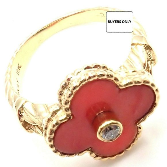 Rare! Authentic Van Cleef & Arpels Alhambra 18k Yellow Gold Coral Diamond Ring - Picture 10 of 10